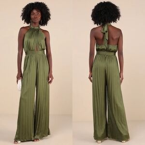 Lulus Confident Impression Olive Green Satin Pleated Halter Jumpsuit S Wedding